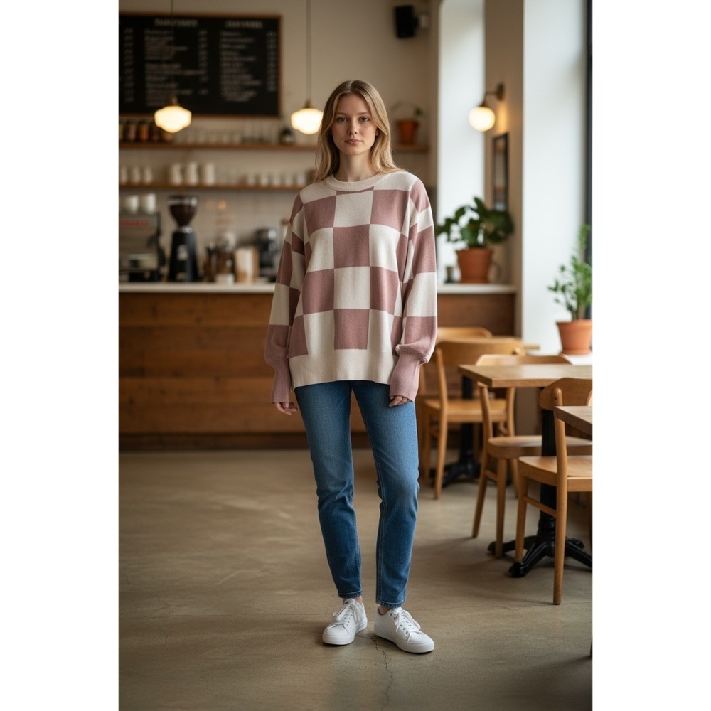 Lillusory Women's‎ Checkerboard Tan & Ivory Oversized Sweater Size Medium